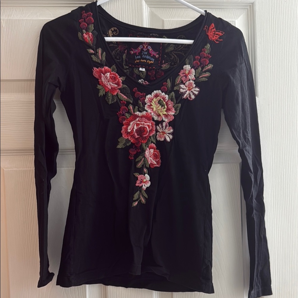 Floral Embroidered Black Top by Johnny Was